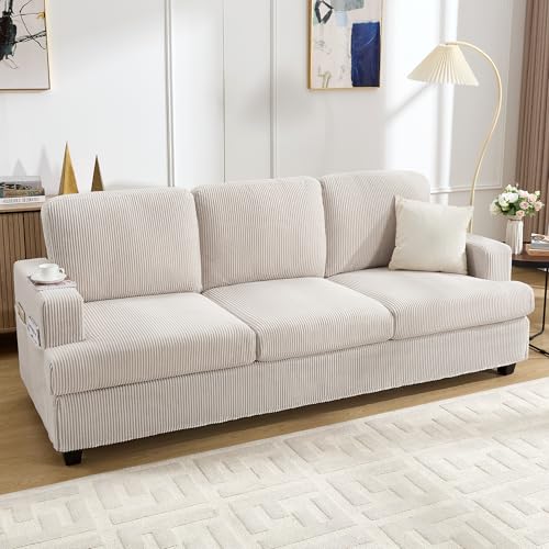 85 Inch Sofa with Side Pocket, Corduroy Fabric 3 Seater Couch for Living Room, Comfy Modern Small Couch for Bedroom, Small Spaces, Dorms, Office, Beige