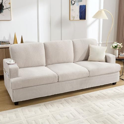 85 Inch Sofa with Side Pocket, Corduroy Fabric 3 Seater Couch for Living Room, Comfy Modern Small Couch for Bedroom, Small Spaces, Dorms, Office, Beige