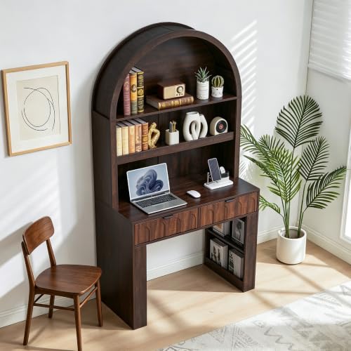 Arched Office Desk with Hutch, Dark Walnut, Desktop 39.4" Wx 19.7"D, view 4
