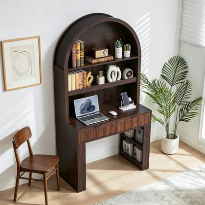 Arched Office Desk with Hutch, Dark Walnut, Desktop 39.4" Wx 19.7"D, view 4