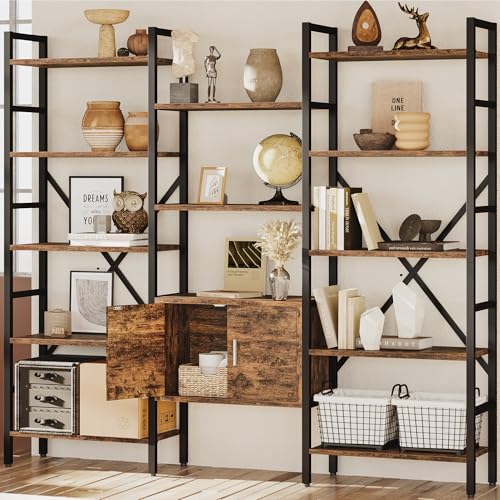 70 x70" Triple 5 Tier Book Shelf, Industrial Large Bookcase with Storage Cabinet, Tall Bookshelf with 14 Open Display Shelves Metal Frame Furniture for Living Room Bedroom Home Office Rustic Brown