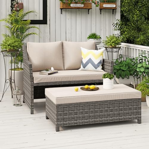 Grey rattan 2-piece outdoor loveseat and coffee table set with storage, view 2