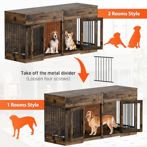72" Double Dog Crate Furniture with Drawers and Divider, Brown, view 4