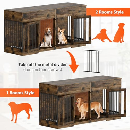 72" Double Dog Crate Furniture with Drawers and Divider, Brown, view 4