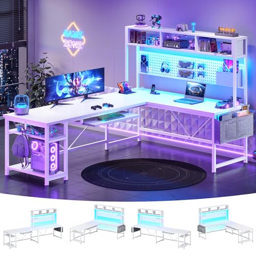 White L Shaped Gaming Desk with Hutch, Power Outlet and Pegboard, view 2