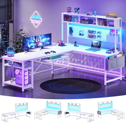 White L Shaped Gaming Desk with Hutch, Power Outlet and Pegboard, view 2