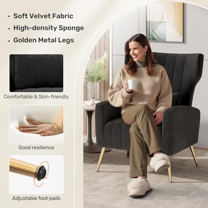 Velvet Accent Chairs Modern High Back Armchair Arm Chair with Lumbar Pillow, High Back Upholstered Single Sofa Chair with Gold Metal Legs for Bedroom,Black