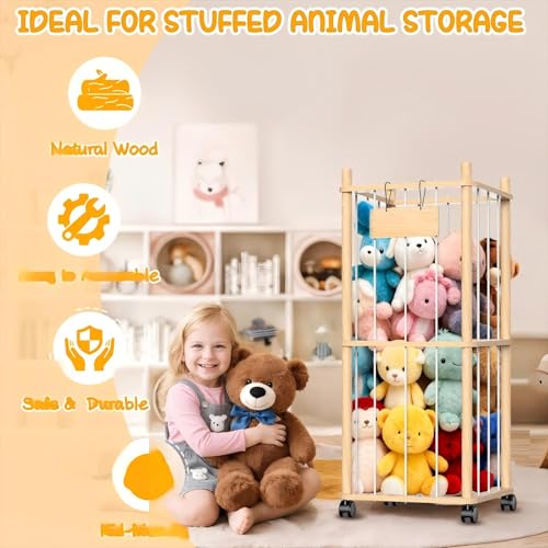 Stuffed Animal Storage Organizer, Wooden Plushies Toy Zoo Holder with Wheels, view 7