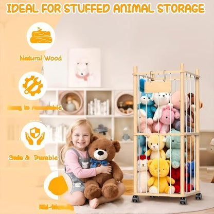 Stuffed Animal Storage Organizer, Wooden Plushies Toy Zoo Holder with Wheels, view 7