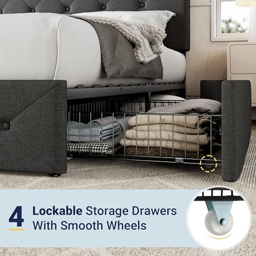 Upholstered King Size Platform Bed Frame with 4 Storage Drawers and Headboard, view 6