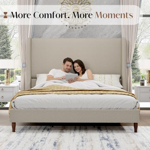 Queen Bed Frame Linen Upholstered 51.2" Tall Headboard, Light Khaki, view 6