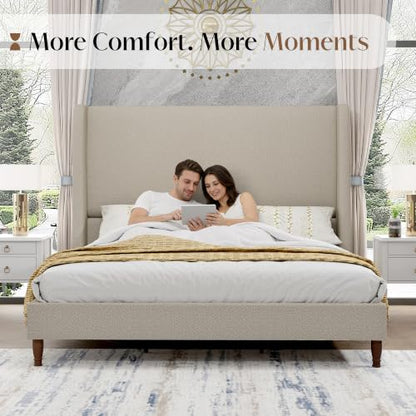Queen Bed Frame Linen Upholstered 51.2" Tall Headboard, Light Khaki, view 6