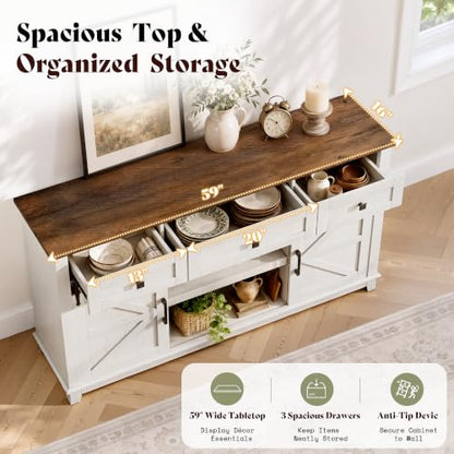 59" Farmhouse TV Stand with Storage Drawers, White & Barnwood, view 5