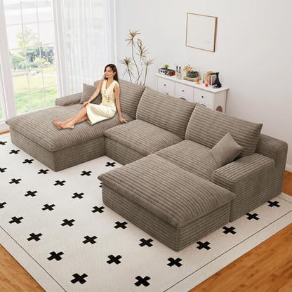 107" Cloud Couch Modular Sectional Sofa for Living Room,U-Shape Boneless Sectional Couch with Deep Seat,Modern Corduroy 3-Seater with Ottoman,Couch in a Box No Assembly(Camel,Left-Facing Chaise)