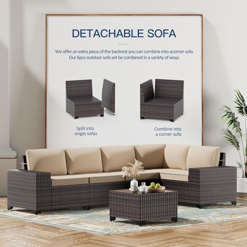 7 Pieces Outdoor Patio Furniture Set with 43" 55000BTU Gas Propane Fire Pit Table PE Wicker Rattan Sectional Sofa Patio Conversation Sets,Khaki