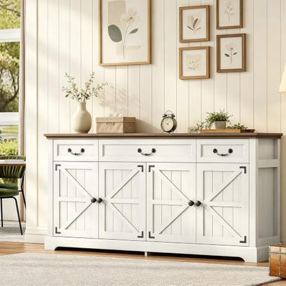 Sideboard Buffet Cabinet with 3 Drawers and 4 Doors,65",White, view 6