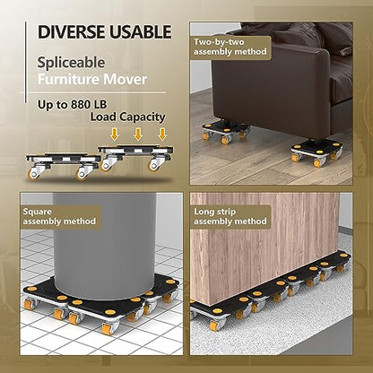 Furniture Mover with Wheels, 360° Rotation Wheels Furniture Dolly for Moving Heavy Furniture, Appliances, 880 LB Max Load Capacity with Auxiliary Lifter - Black Connect Dolly Pro