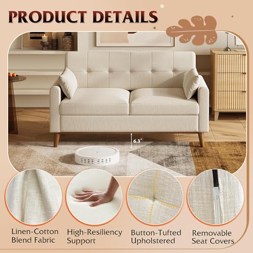 62" Loveseat Sofa, Mid Century Modern Small Couches for Living Room, Button Tufted Upholstered Couch for Bedroom, Solid Wood Frame, Easy to Install Furniture, Beige