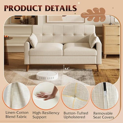 62" Loveseat Sofa, Mid Century Modern Small Couches for Living Room, Button Tufted Upholstered Couch for Bedroom, Solid Wood Frame, Easy to Install Furniture, Beige