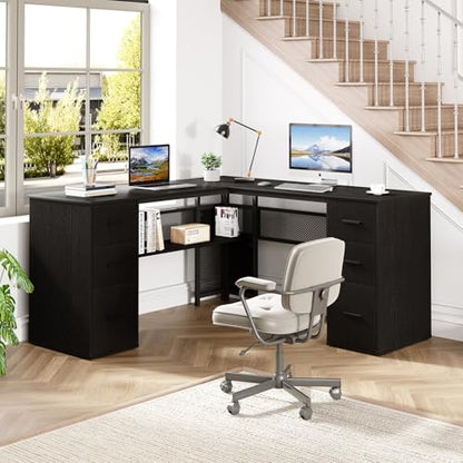 Black L Shaped Desk with File Drawers Shelves, Reversible Corner Metal Wood Computer Desk with Storage Cabinet, Modern Large Executive Work Writing Study Table for Home Office Bedroom, 59 Inch