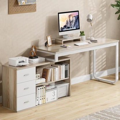 55" L Shaped Desk with Drawers and Shelves, Home Office Desk with Monitor Stand for Work Writing Study, Reversible Corner Desk with Storage, White and Walnut