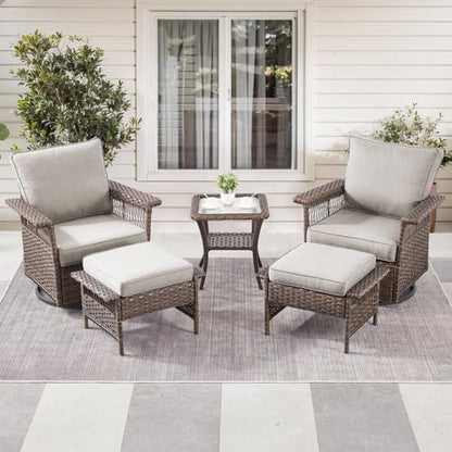 5 Pieces Wicker Patio Furniture Set - Hollow Widen Armrest Outdoor Swivel Glider Chairs with Side Table & Ottomans, Small Patio Conversation Set for Balcony Porch Deck and Yard - Brown/Beige