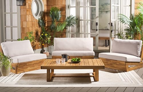 SAFAVIEH Outdoor Patio Furniture - Dune 4-Piece Set - Sand & Light Grey - Acacia Wood - Rustic, Conversation Set with Detachable Cushion Covers - Ideal for Patio, Deck, Porch, Backyard (PAT9516B-KIT3)