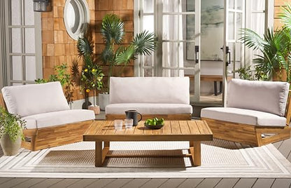SAFAVIEH Outdoor Patio Furniture - Dune 4-Piece Set - Sand & Light Grey - Acacia Wood - Rustic, Conversation Set with Detachable Cushion Covers - Ideal for Patio, Deck, Porch, Backyard (PAT9516B-KIT3)