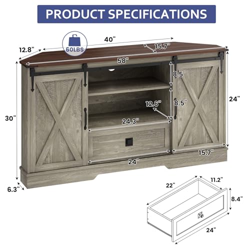 Corner TV Stand, 58" Farmhouse Entertainment Center W/ Barn Door, Wash Grey, view 4