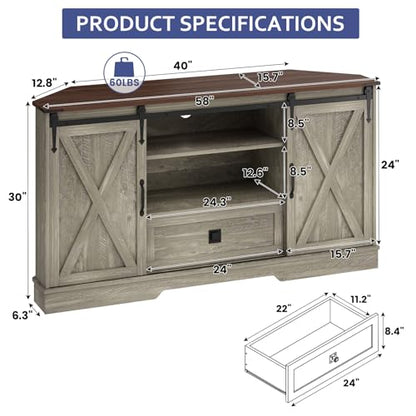 Corner TV Stand, 58" Farmhouse Entertainment Center W/ Barn Door, Wash Grey, view 4