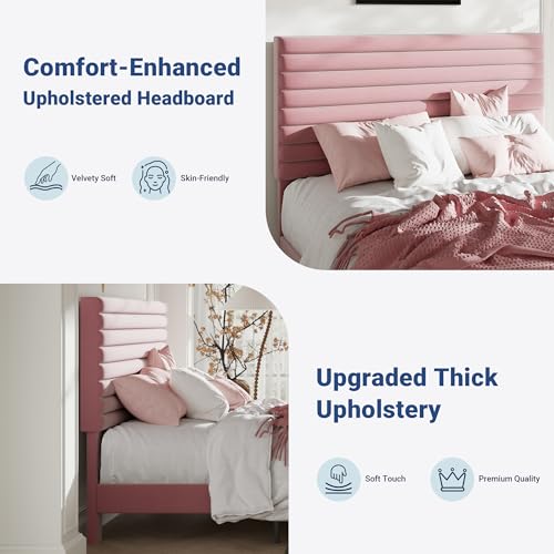 Queen Bed Frame, Velvet Upholstered Bed with Adjustable Headboard, view 6