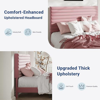 Queen Bed Frame, Velvet Upholstered Bed with Adjustable Headboard, view 6