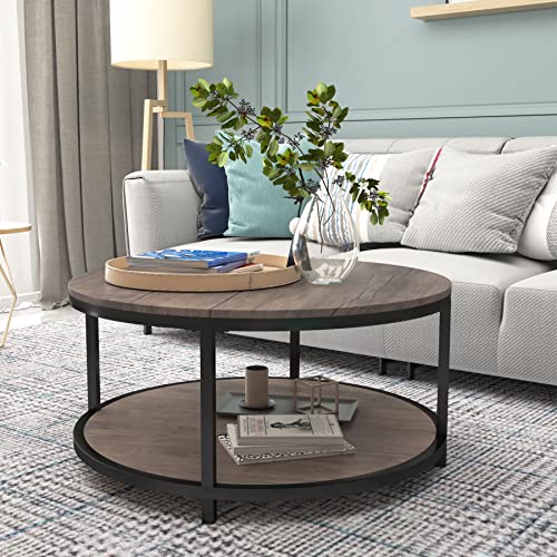 Round Coffee Table, 36” Coffee Table for Living Room, 2-Tier Wood Desktop & Sturdy Metal Legs Table Home Furniture with Storage Shelf (Walnut)