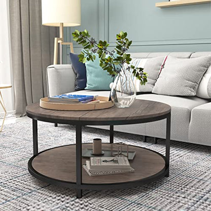 Round Coffee Table, 36” Coffee Table for Living Room, 2-Tier Wood Desktop & Sturdy Metal Legs Table Home Furniture with Storage Shelf (Walnut)