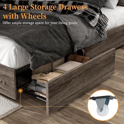 5-Piece Farmhouse Bedroom Set, 1 X Queen Size Bed Frame, 1 X 5 Drawer Dresser, 1 X Wood Rustic 6 Drawer Storage Dresser, Nightstand Set of 2 with Charging Station, Bedroom Furniture Set, Grey