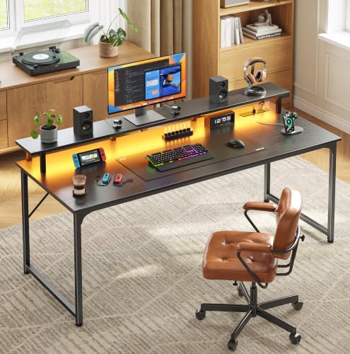 55 inch Gaming Desk, LED & Power Outlets, Monitor Stand, Black, view 3