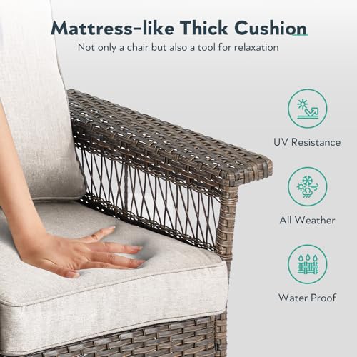 5 Pieces Wicker Patio Furniture Set - Hollow Widen Armrest Outdoor Swivel Glider Chairs with Side Table & Ottomans, Small Patio Conversation Set for Balcony Porch Deck and Yard - Brown/Beige