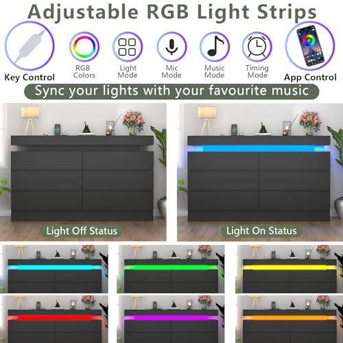 6 Drawer Dresser with Power Outlet, Dresser with LED Light, view 5
