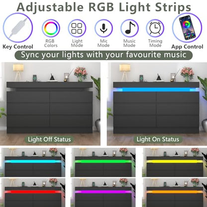 6 Drawer Dresser with Power Outlet, Dresser with LED Light, view 5