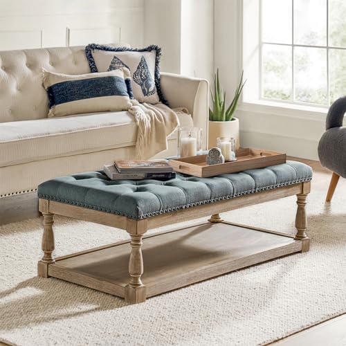 Storage Tufted Ottoman Coffee Table with Solid Wood Legs, Blue | with Tray & Shelf, Button Tufted Top Upholstered, Large Rectangle Cocktail Ottoman for Living Room Bedroom