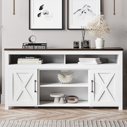 58 Inch TV Stand, Contemporary Entertainment Center for TVs up to 65", Wood Media Console Table with Two Open Shelves and Barn Door Cabinets - Corin (White)