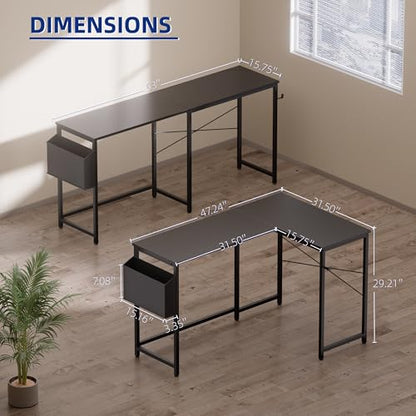 47 Inch Reversible L Shaped Gaming Desk Corner Computer Desk with Storage Bag, view 3