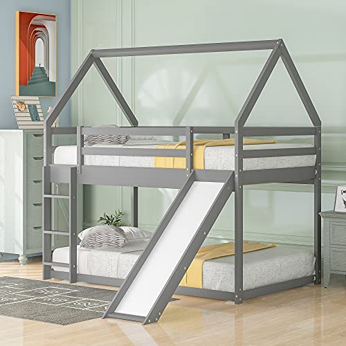 Twin Over Twin Low House Bunk Bed Frame with Slide, Gray | Wood twin over twin, roof, guardrail and ladder, for kids boys girls, wood slat support, safety guardrails and ladder
