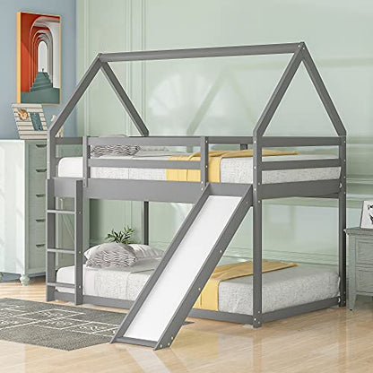 Twin Over Twin Low House Bunk Bed Frame with Slide, Gray | Wood twin over twin, roof, guardrail and ladder, for kids boys girls, wood slat support, safety guardrails and ladder