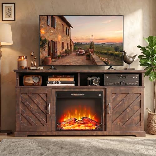 Fireplace TV Stand for 70 inch TV, Farmhouse Entertainment Center with Storage, view 6