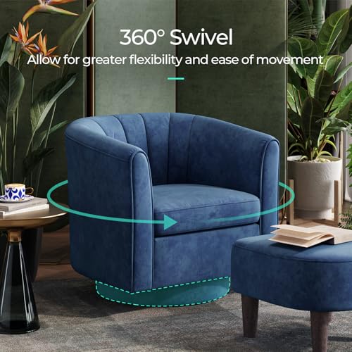 Swivel Accent Chair with Ottoman: Small Velvet Barrel Chair 360 Swivel Modern Armchair, Upholstered Reading Chair with Footrest for Living Room Bedroom Study Room (Blue)