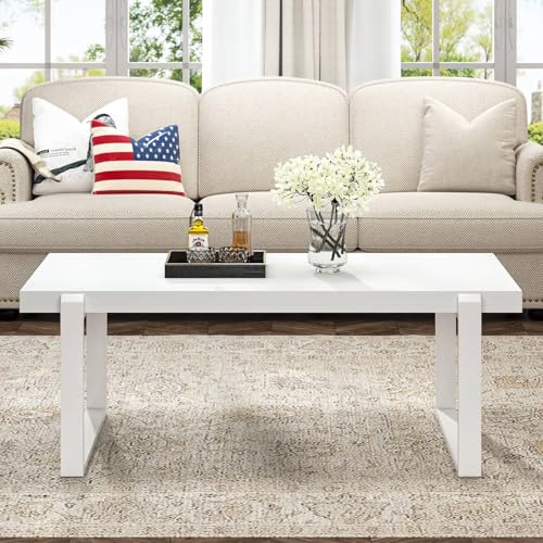 White Coffee Table, Modern Rustic Wood and Metal Center Table, Rectangle Cocktail Tea Table for Living Room, 47 Inch