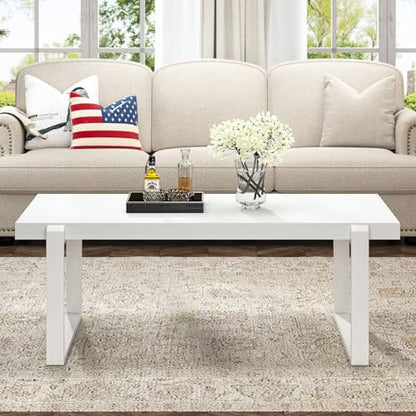 White Coffee Table, Modern Rustic Wood and Metal Center Table, Rectangle Cocktail Tea Table for Living Room, 47 Inch