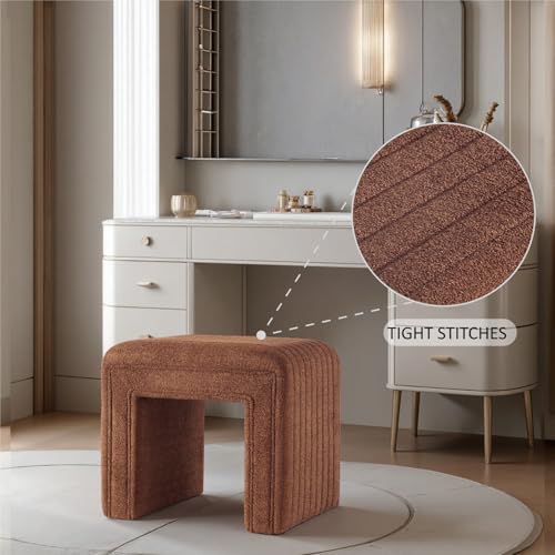 Vanity Stool Chair,Modern Boucle Ottoman Foot Stool with Wooden Legs Sofa Bench Footstool Extra Seat for Vanity,Makeup Room,Living Room,Entryway,Office (Fully Assembled) (Brown)