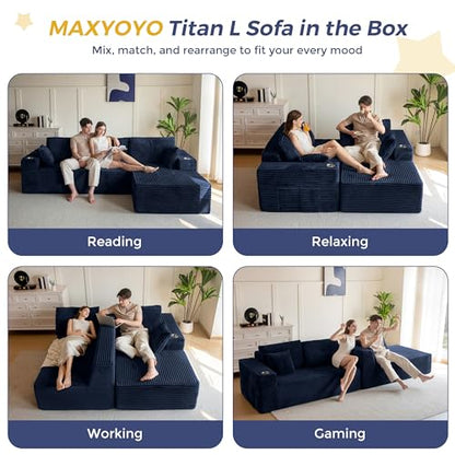 104" Modular Sectional Couch with L-Shape Chaise, Modern Boneless Couch for Living Room, Sofa in A Box, Oversized Sofa with Deep Seat, No Assembly Required, Navy